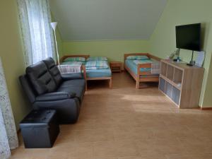 - un salon avec un canapé et une télévision dans l'établissement 1-Zimmer-Wohnung Nähe Playmobil Funpark, à Oberasbach