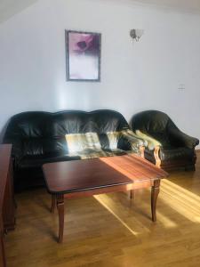 Podkowa Leśna的住宿－Apartament Plumeria w Podkowie Leśnej，客厅配有一张黑色真皮沙发,配有一张咖啡桌