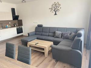ein Wohnzimmer mit einem Sofa und einem Tisch in der Unterkunft Apartmán Katka in Frymburk