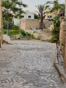 an old cobblestone street next to a stone wall at Montana Inn in Wadi Musa