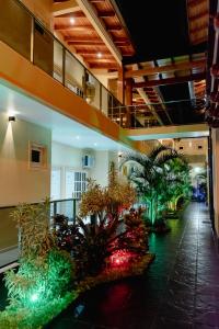 un hall avec des plantes et des lumières dans un bâtiment dans l'établissement HAUER HOTEL, à San Vicente