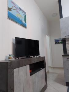 telewizor z płaskim ekranem siedzący na szczycie centrum rozrywki w obiekcie Etna Bella Home w Katanii