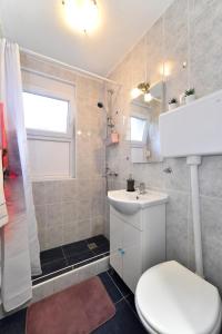 a bathroom with a white toilet and a sink at Studio Apartment Aneta in Zagreb