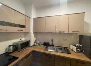 een keuken met een spoelbak en een magnetron bij Vista City Apartment in Podgorica