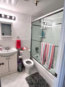 ein Bad mit einer Dusche, einem WC und einem Waschbecken in der Unterkunft Cozy Studio in the Heart of the Palm Beach Island in Palm Beach