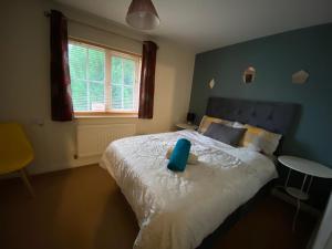 Wellingborough Cosy Hub في Harrowden: غرفة نوم بسرير عليها غرض ازرق