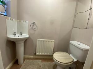 Wellingborough Cosy Hub في Harrowden: حمام مع مرحاض ومغسلة