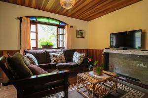 un soggiorno con divano e camino di Cantinho Pedra da Gávea a Visconde De Maua