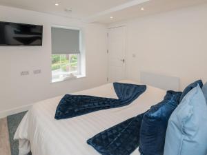ein Schlafzimmer mit einem Bett mit blauen Kissen darauf in der Unterkunft The Norfolk-uk41442 in Brandon