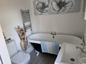 a bathroom with a bath tub and a toilet and a sink at Mallard Cottage Guest House in Aylesford