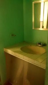 een groene badkamer met een wastafel en een spiegel bij Habitaciones disponibles en los nogales Pátzcuaro in Pátzcuaro