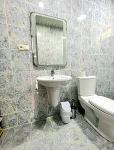 a bathroom with a sink and a toilet and a mirror at Rio Gonio in Gonio