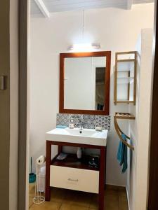 uma casa de banho com um lavatório e um espelho em Gîte Studio Marlin em Bouillante