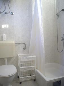 a bathroom with a toilet and a shower with a shower curtain at Apartments RUDO in Podaca