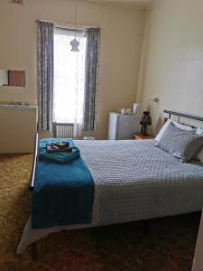 a bedroom with a bed with a blue blanket and a window at Railton Hotel in Railton