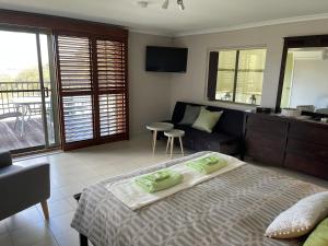 a bedroom with a bed and a couch and a kitchen at Sinclairs Country Retreat in Conjola