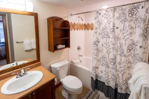 a bathroom with a sink toilet and a shower curtain at 3201 - Two Bedroom Standard Powderhorn Lodge condo in Solitude +7 photos