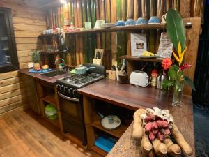 una cucina con piano cottura e piano di lavoro di Jungle Bluff Beach Paradise - Jungle House a Paunch