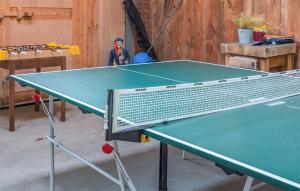 una mesa de ping pong en un garaje con un hombre de pie detrás de él en Pet Friendly Home In Beltrum With House A Panoramic View en Beltrum
