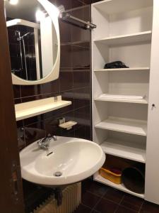 メッツァーナにあるMarrileva-Folgarida, Apartmán v Residence Albareのバスルーム(シンク、鏡、棚付)