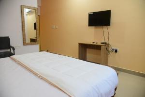 a bedroom with a bed and a tv on the wall at Hotel Nikunj in Hazārībāg