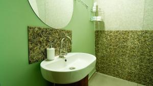 a white sink in a green bathroom with a mirror at Eco Village In The Forest in Lagodekhi