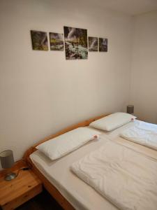 2 Betten in einem Schlafzimmer mit Bildern an der Wand in der Unterkunft Ferienhaus Kaufmanns Cafe in Kurort Oberwiesenthal