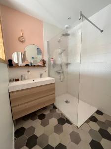 ein Bad mit einer Dusche und einem Waschbecken in der Unterkunft Maison cosy proche parade et 24h- 7 pers - garage- jardin-wifi- Vue cathédrale in Le Mans