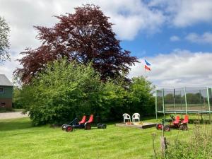 eine Gruppe von Spielzeugautos, die auf einem Feld geparkt sind in der Unterkunft Ferienwohnung Thomsen in Tarp