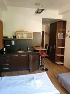 Una cocina con un fregadero y una mesa en una habitación. en Panorama Apartmany, en Štrbské Pleso