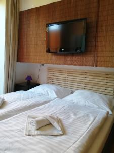 a hotel room with a bed with a tv on the wall at Panorama Apartmany in Vysoke Tatry - Strbske Pleso