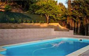 a blue swimming pool in a yard with trees at Nice Home In Ferrires-poussarou With Kitchen in Ferrières-Poussarou