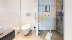 a bathroom with a toilet and a glass shower at Ankerhaus Ankerhaus 4 in Hörnum