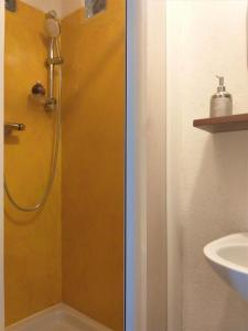 een douchecabine in een badkamer met een wastafel bij LA CASA DI GILINDO in Roccabruna