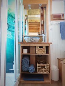 a small bathroom with a sink and a mirror at BellaTiny, Tiny House & Gypsy Wagon in Ondekaremba