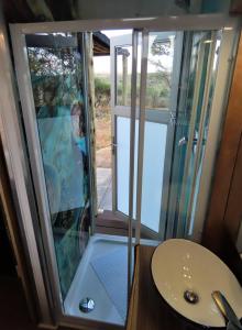 a bathroom with a glass shower and a sink at BellaTiny, Tiny House & Gypsy Wagon in Ondekaremba