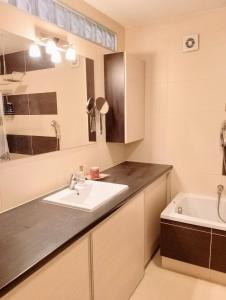 a bathroom with a sink and a bath tub at Apartament Warmińska in Barczewo