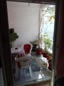 a room with a table and chairs and potted plants at Biba in Mostar