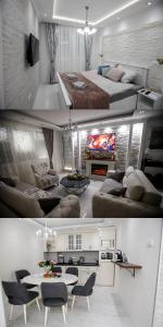 2 fotos de una sala de estar y un dormitorio en Apartman MDB RETRO, en Subotica