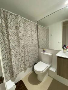 a bathroom with a toilet and a sink at Cómodo departamento a pasos de la playa in La Serena +11 photos