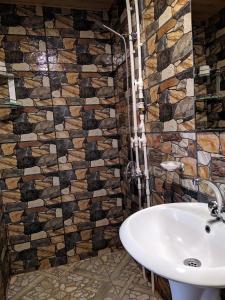 a bathroom with a sink and a stone wall at Old Halidzor in Halidzor