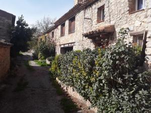 un viejo edificio de piedra con plantas a un lado en Cal Tous, La Socarrimada en Rojals