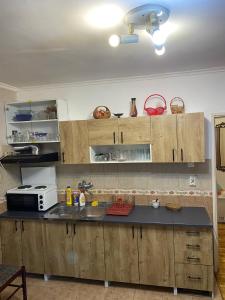 een keuken met houten kasten en een magnetron bij Jelena in Novi Sad