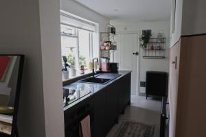 - une cuisine avec un comptoir noir et un évier dans l'établissement Charming Georgian Cottage with Private Sun Terrace, à Bath