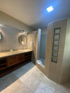 a bathroom with a shower and a sink and a mirror at Los Porticos in Placencia Village +34 photos