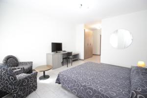 um quarto com uma cama e uma cadeira e uma televisão em Hotel Croce Di Malta em Novara