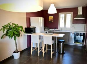 エスパラン・ド・ヴェルドンにあるChez Georges - Maison 4 - Les gîtes du Verdonのキッチン(テーブル、白い家電製品付) +24枚の写真