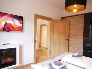 a living room with a fireplace and a tv at 2 Zimmer Ferienwohnung „Schliersberg“ in Schliersee