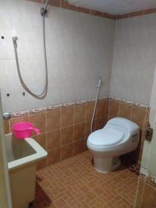 La salle de bains est pourvue de toilettes, d'un lavabo et d'une douche. dans l'établissement Villa Brastagi Resort Jalan Mimpin Tua Blok C No. 41, à Berastagi