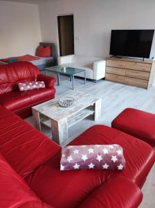 Sala de estar con sofá rojo y mesa de centro en Apartmány HAVLÍČKOVA s parkováním zdarma en Česká Lípa
